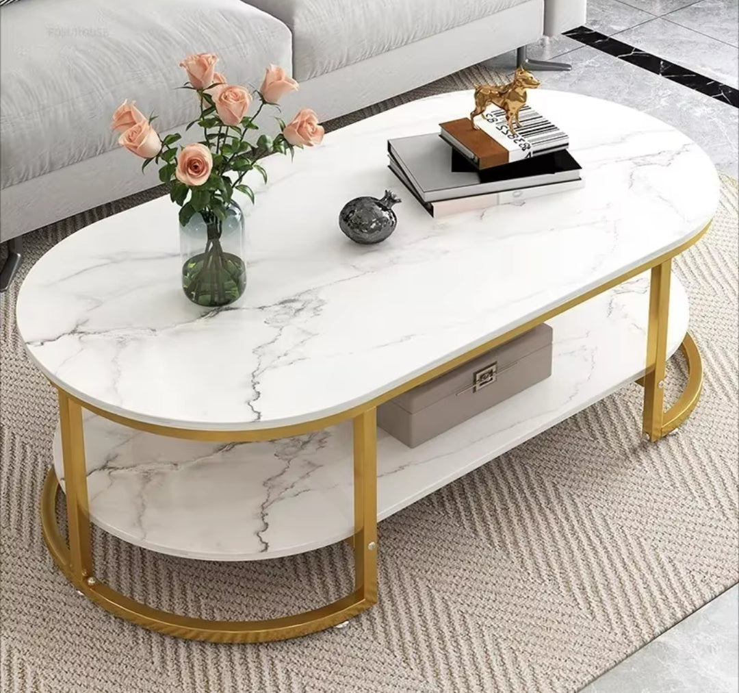 Modern Oval Shaped MDF Double Layer Coffee Table  Stylish and Functional Two Tier Design for Living Room & Office | 120*60*45cm