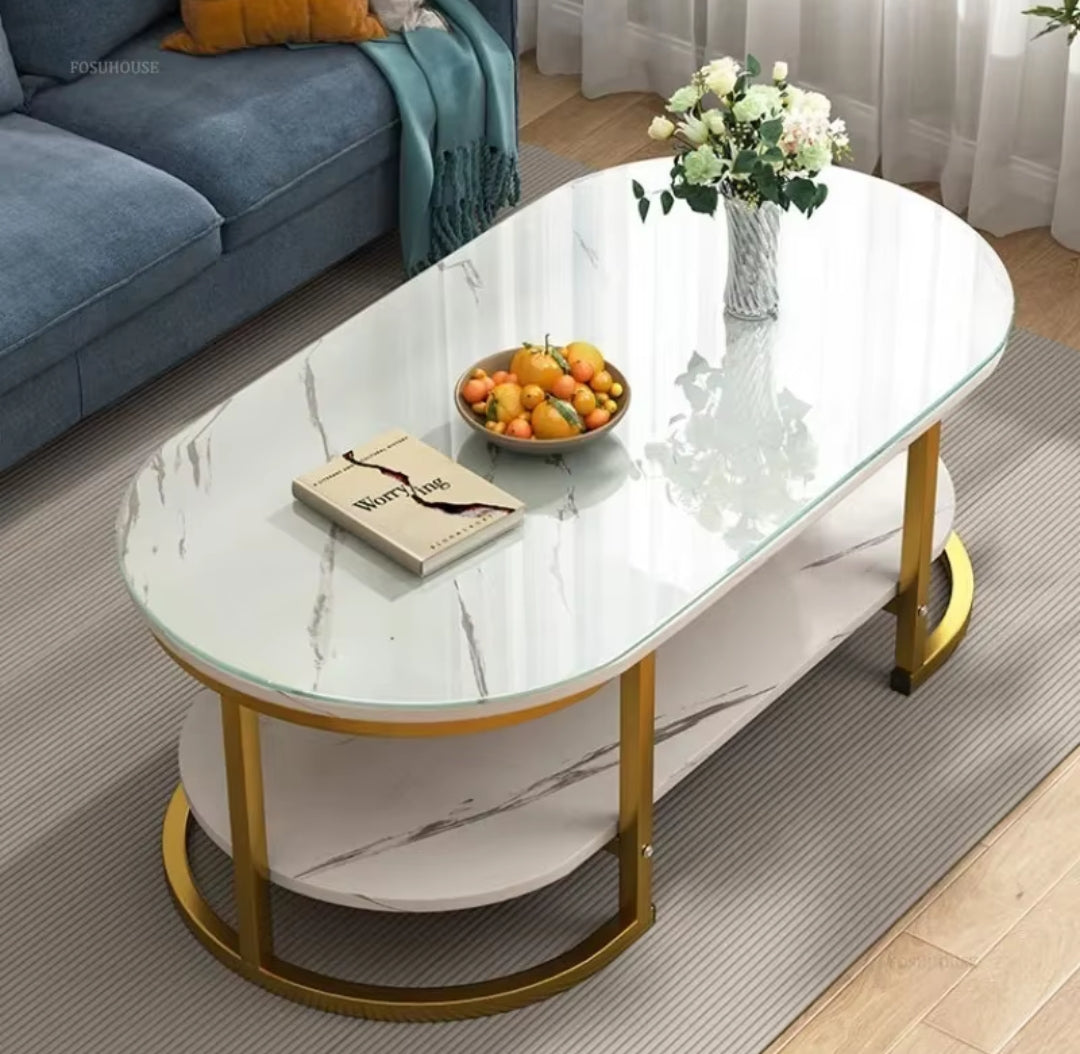 Modern Oval Shaped MDF Double Layer Coffee Table  Stylish and Functional Two Tier Design for Living Room & Office | 120*60*45cm