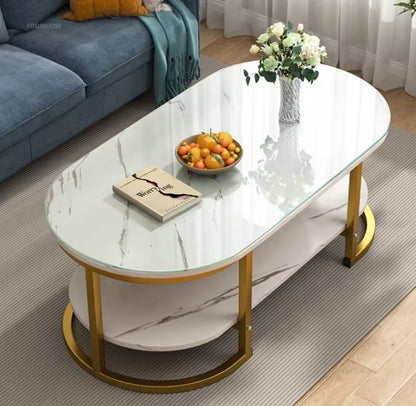 Modern Oval Shaped MDF Double Layer Coffee Table  Stylish and Functional Two Tier Design for Living Room & Office | 120*60*45cm