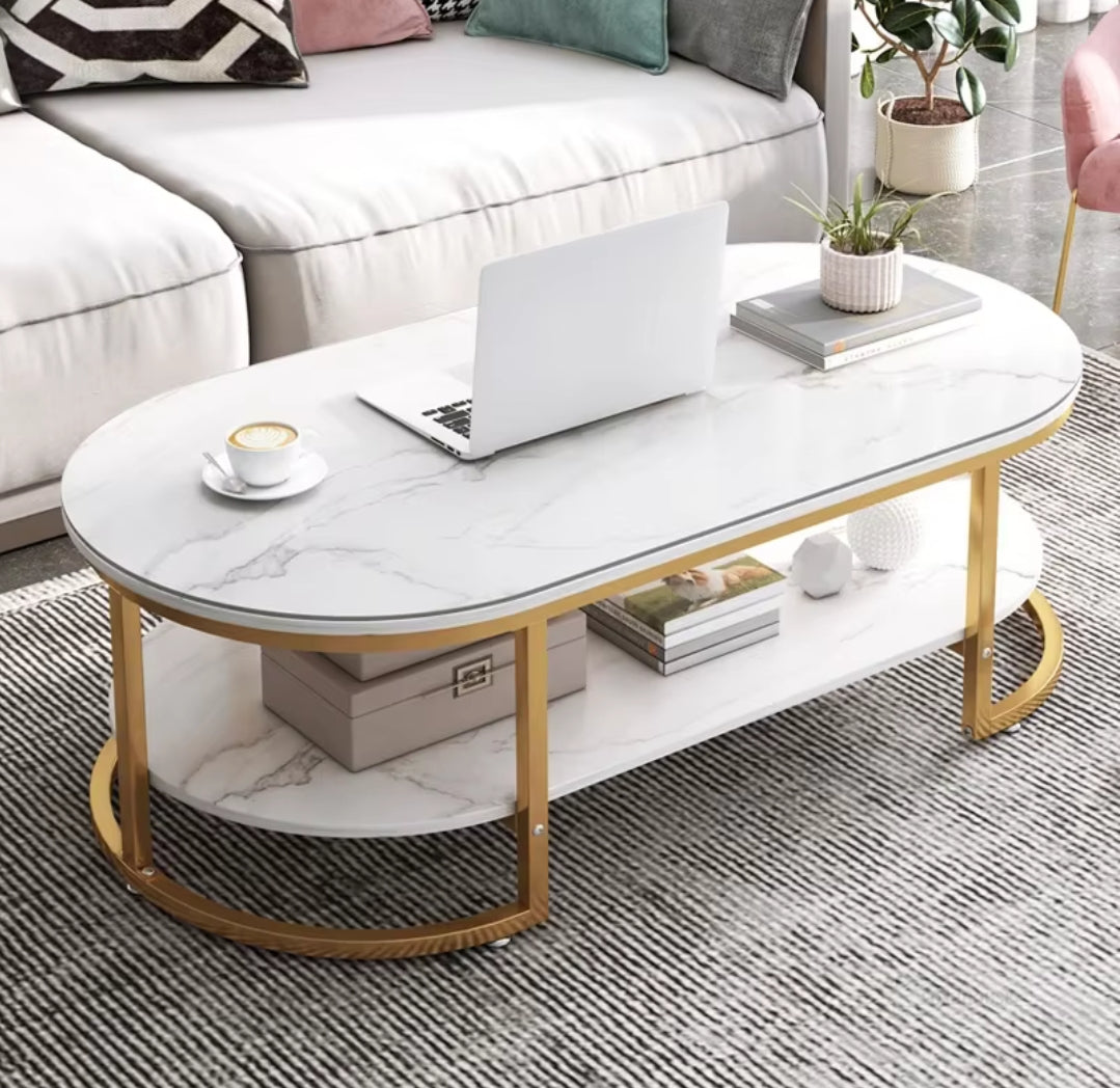 Modern Oval Shaped MDF Double Layer Coffee Table  Stylish and Functional Two Tier Design for Living Room & Office | 120*60*45cm