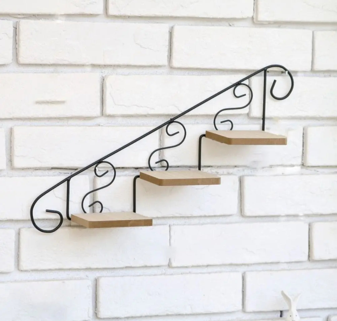 Staircase Wall Hanging Flower Shelf Wrought Iron & Wood, Modern Design for Living Room, Office, and Corridor Decor