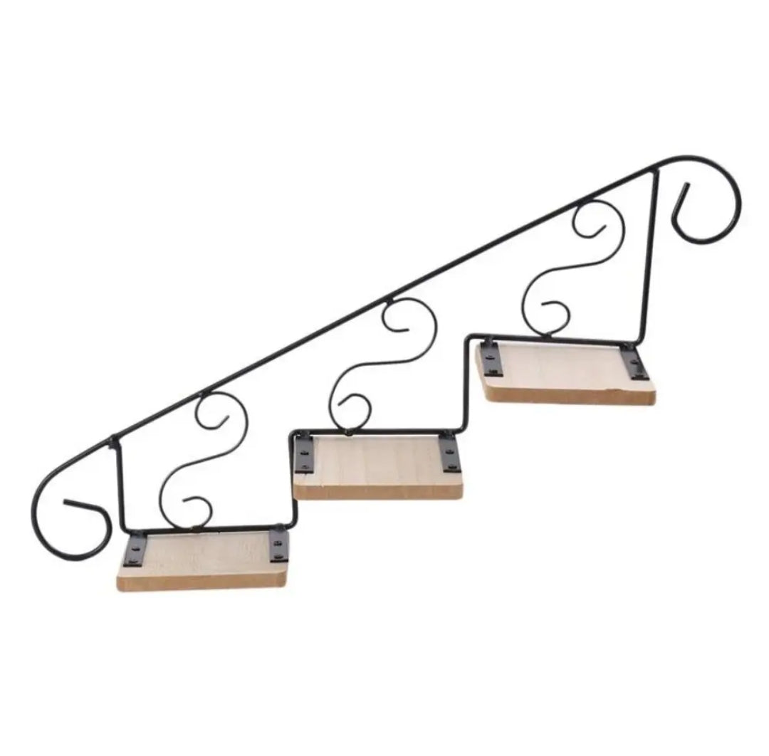 Staircase Wall Hanging Flower Shelf Wrought Iron & Wood, Modern Design for Living Room, Office, and Corridor Decor