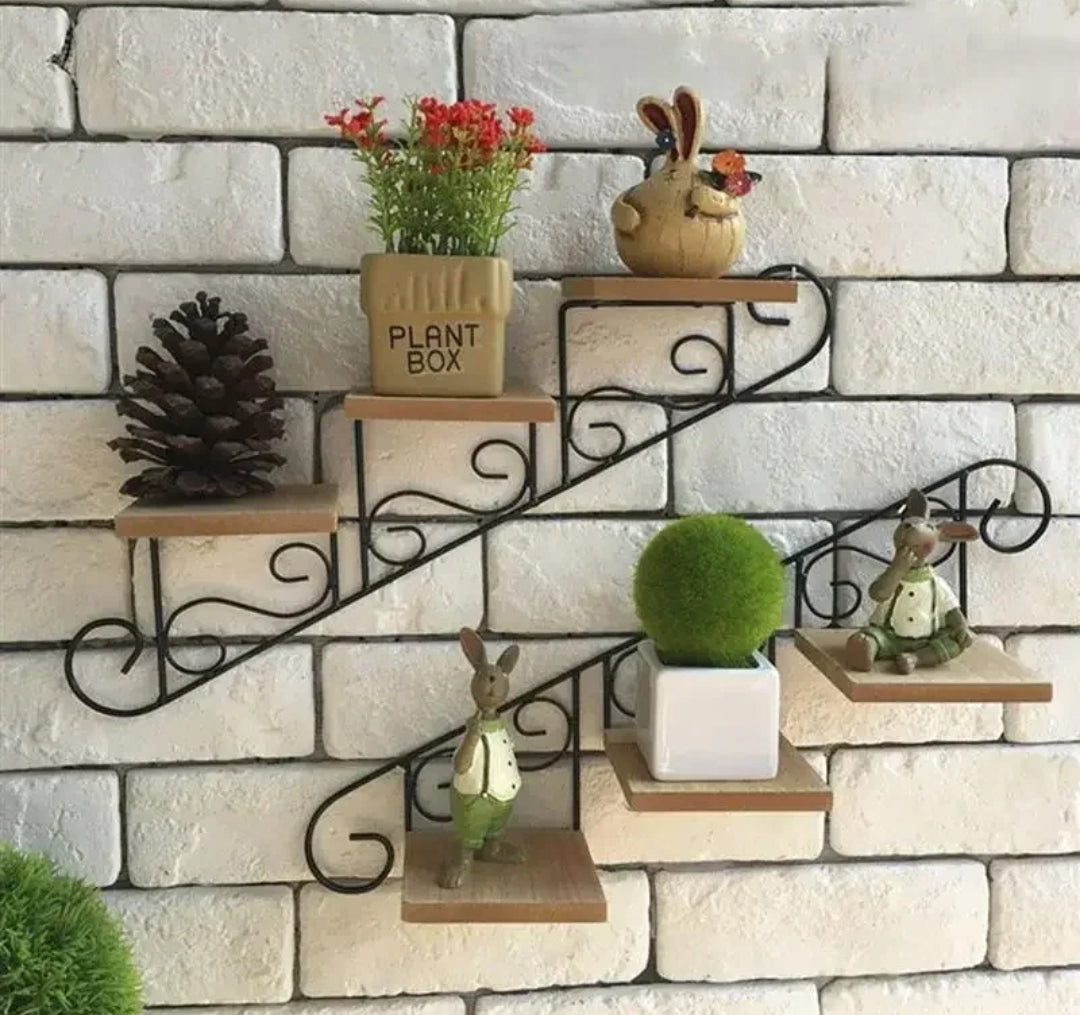 Staircase Wall Hanging Flower Shelf Wrought Iron & Wood, Modern Design for Living Room, Office, and Corridor Decor