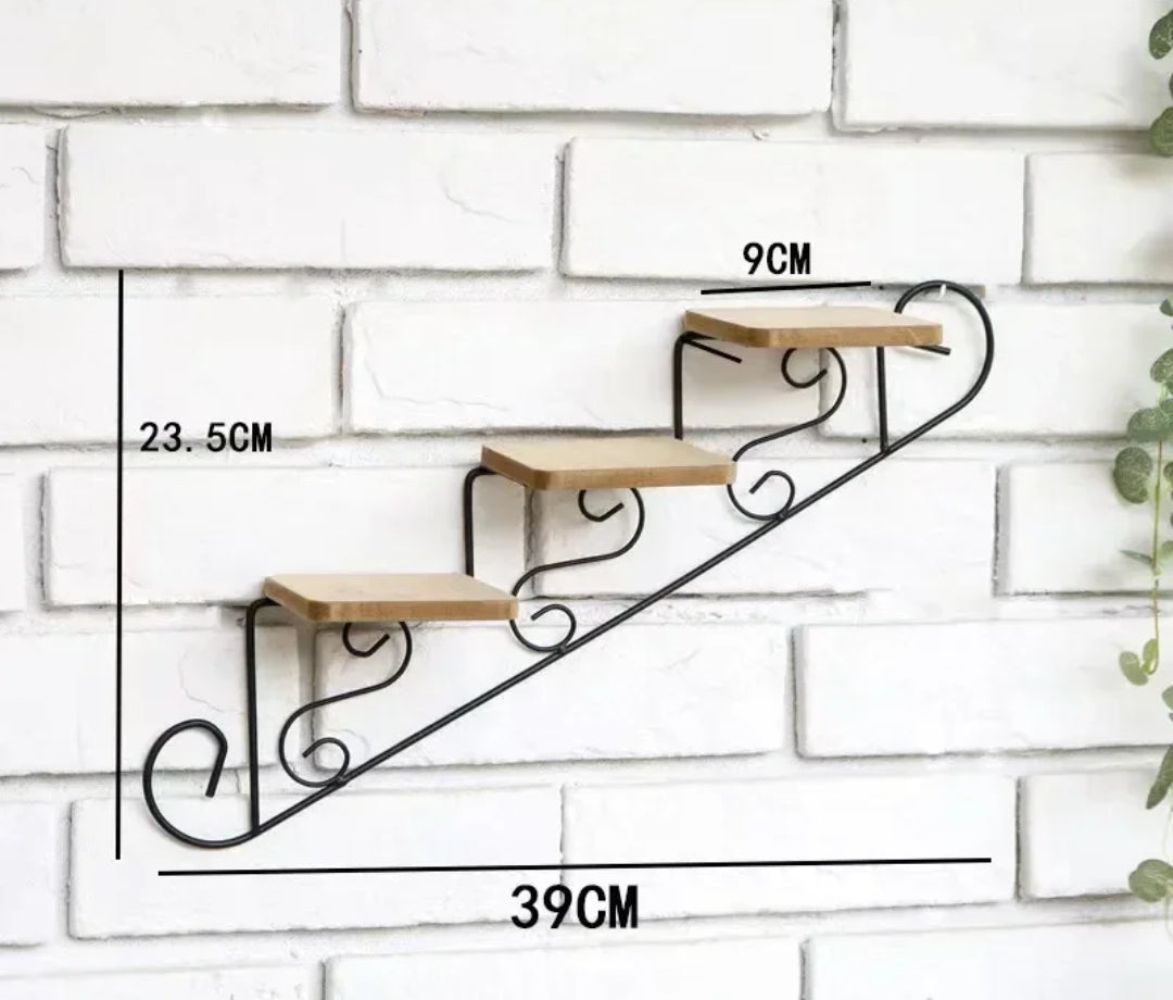 Staircase Wall Hanging Flower Shelf Wrought Iron & Wood, Modern Design for Living Room, Office, and Corridor Decor