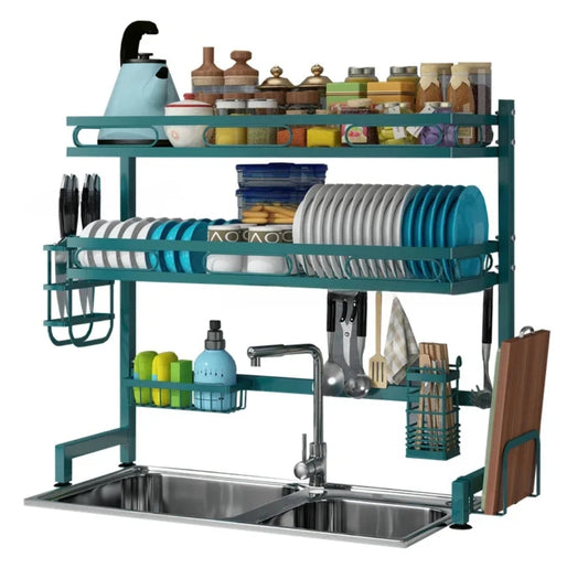 90cm Double Sink Double Layer Dish Rack Space Saving Kitchen Organizer for Plates, Utensils, and Dishes