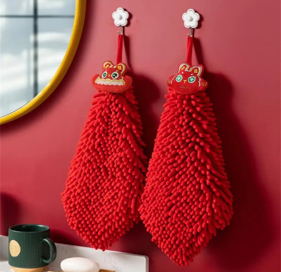 Red Chenille Hand Towels Soft Microfiber, Quick Drying Towel Ball for Kitchen|Bathroom, 27x27cm