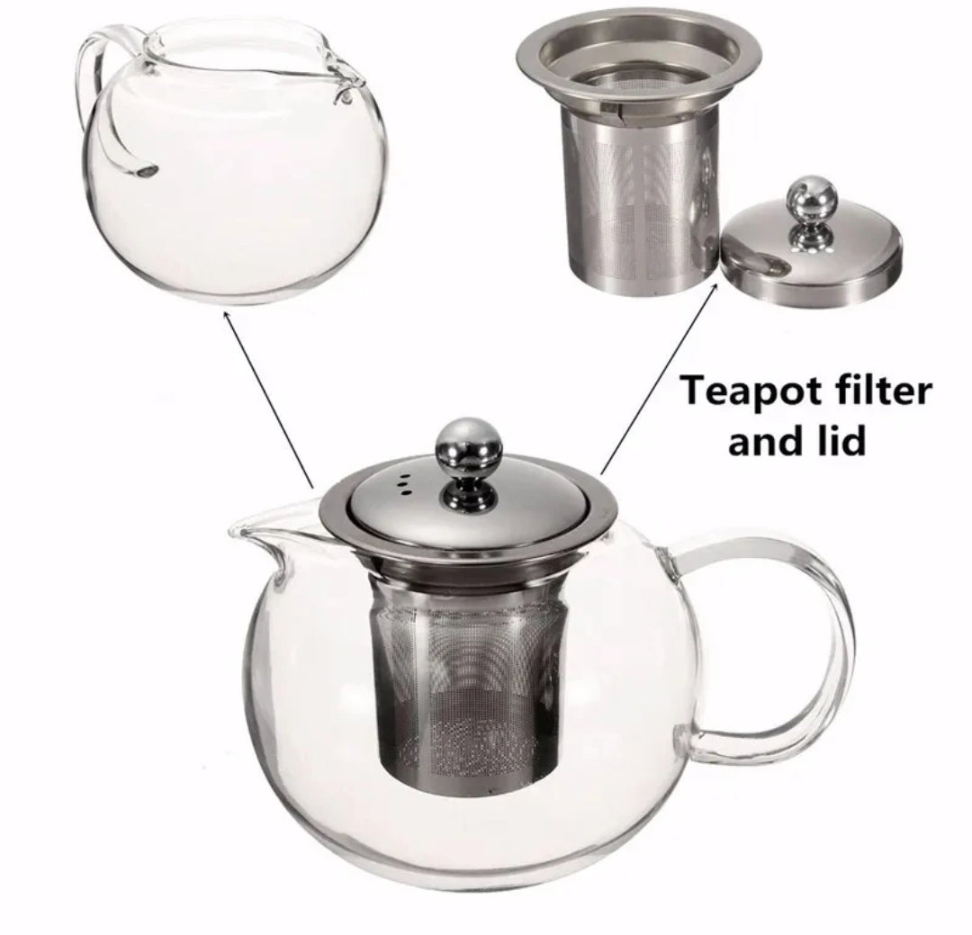 High Quality Borosilicate Glass Kettle with Sieve 600ml, Clear Round Design with Steel Filter