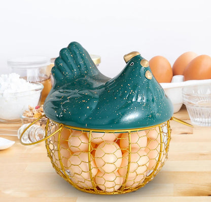 Egg Basket with Chicken Cover Steel Basket with Ceramic Chicken Top, 20cm Gold & Green.