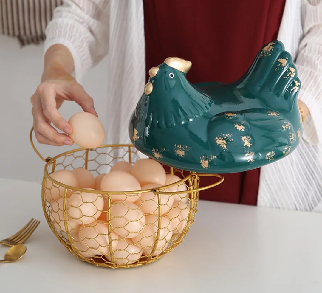 Egg Basket with Chicken Cover Steel Basket with Ceramic Chicken Top, 20cm Gold & Green.