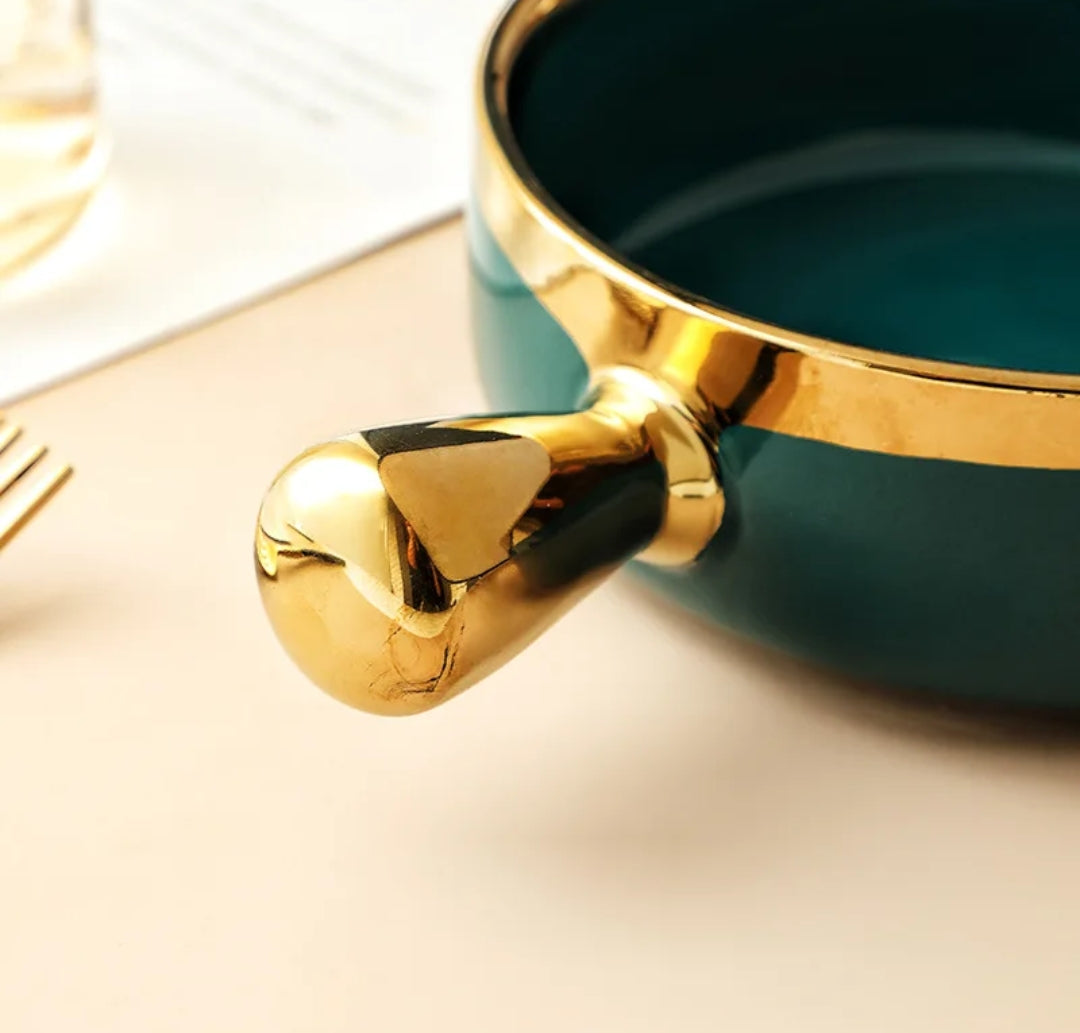 Porcelain Snack Bowl with Handle and Gold Ring Perfect for Cereals and Breakfast