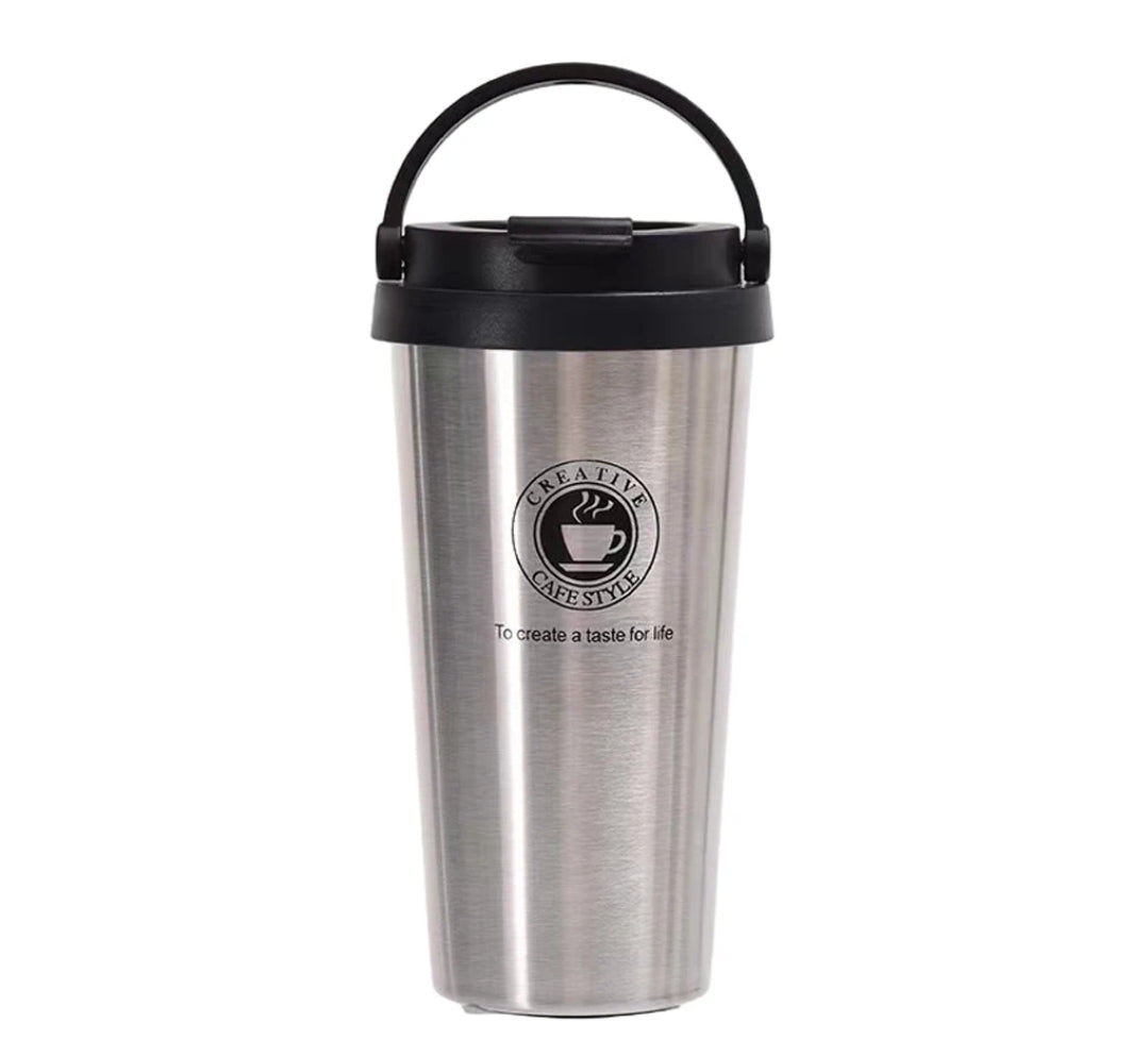 500ml Double Wall Stainless Steel Thermo Mug  Keeps Hot for 12 Hours, Available in Pink, Black, White, and Silver.