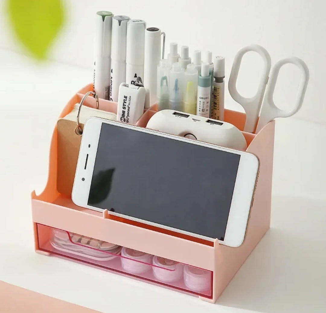 Mini Desk Organizer Accessories with Pen Holder and Drawer Compact Desk Storage Solution, 17cm x 12cm x 11cm