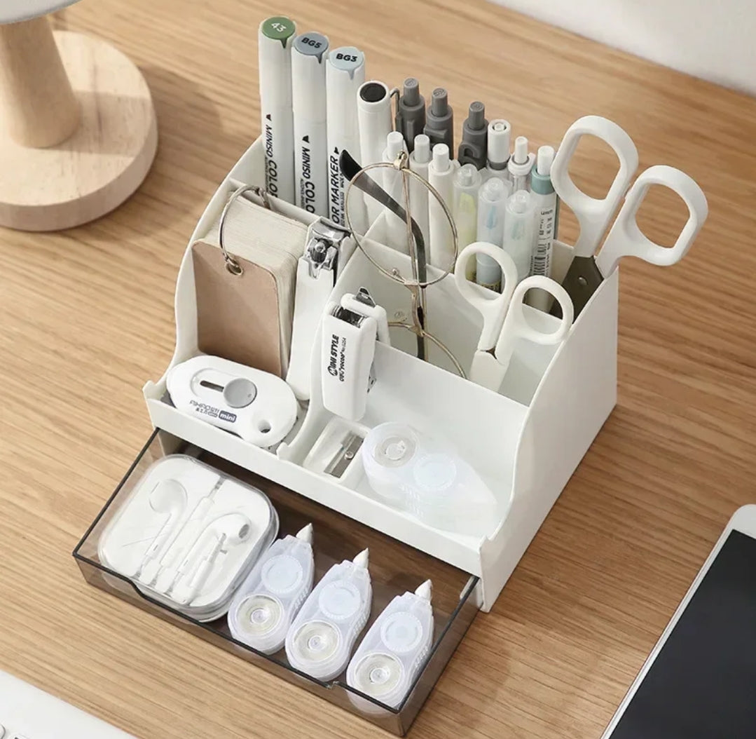 Mini Desk Organizer Accessories with Pen Holder and Drawer Compact Desk Storage Solution, 17cm x 12cm x 11cm