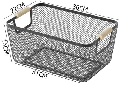 Iron Mesh Storage Baskets with Wooden Handle Large Size, 36cm x 22cm x 16cm, Available in Black| Wire Shelves