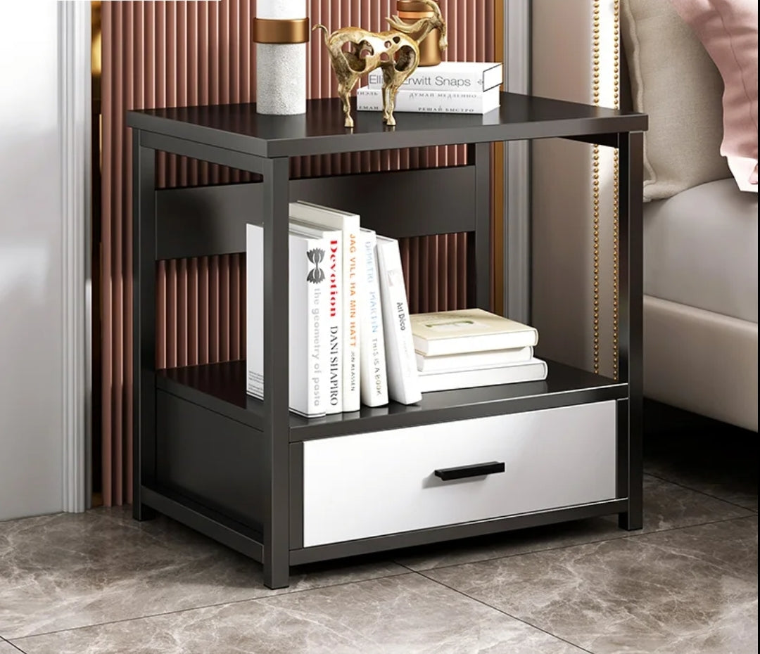 Nordic Luxury Single Drawer Bedside Cabinet Marble Texture, Large Capacity Storage, 50cm x 45cm x 35cm, Black