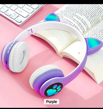 Kids Gradient Wireless RGB Cat Ear Bluetooth Headphones | Cute and Colorful, Available in Blue, Black, Pink, and Purple