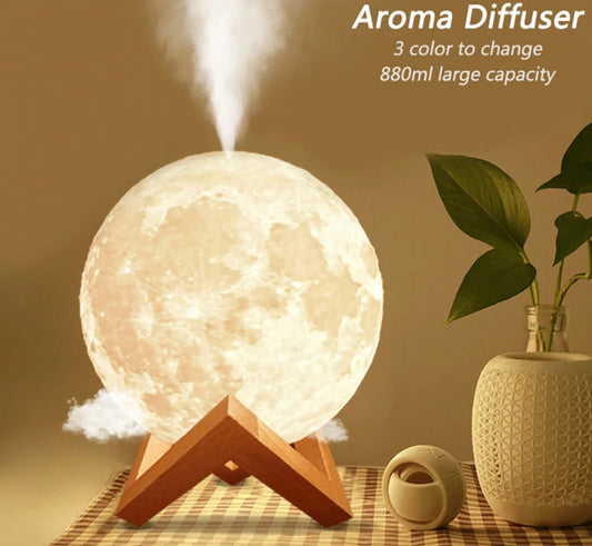 Moon Lamp Night Light with Mini USB Air Humidifier Aroma Diffuser 880ml Capacity, Colorful Lights, Aromatherapy & Humidification