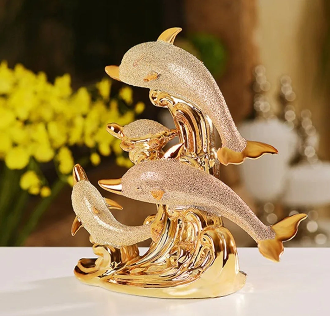 Elegant Gold Dolphin Decor Luxury Home Accent Sculpture for Living Room, Office, or Desk Display