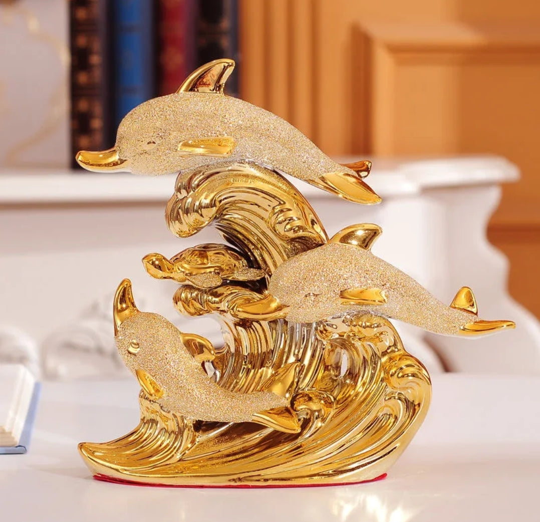 Elegant Gold Dolphin Decor Luxury Home Accent Sculpture for Living Room, Office, or Desk Display