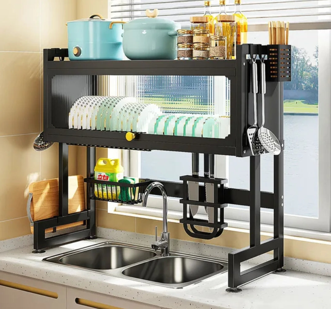 Over the Sink Dish Rack 85cm Adjustable Two Sink Drainer, Black and White