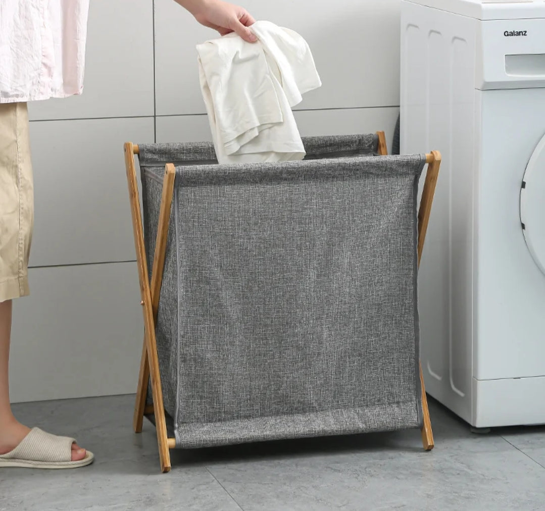 Foldable Laundry Basket with Bamboo Stand Durable Oxford Cloth Hamper for Laundry, Available in Beige and Grey