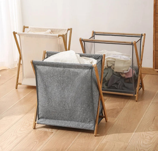 Foldable Laundry Basket with Bamboo Stand Durable Oxford Cloth Hamper for Laundry, Available in Beige and Grey