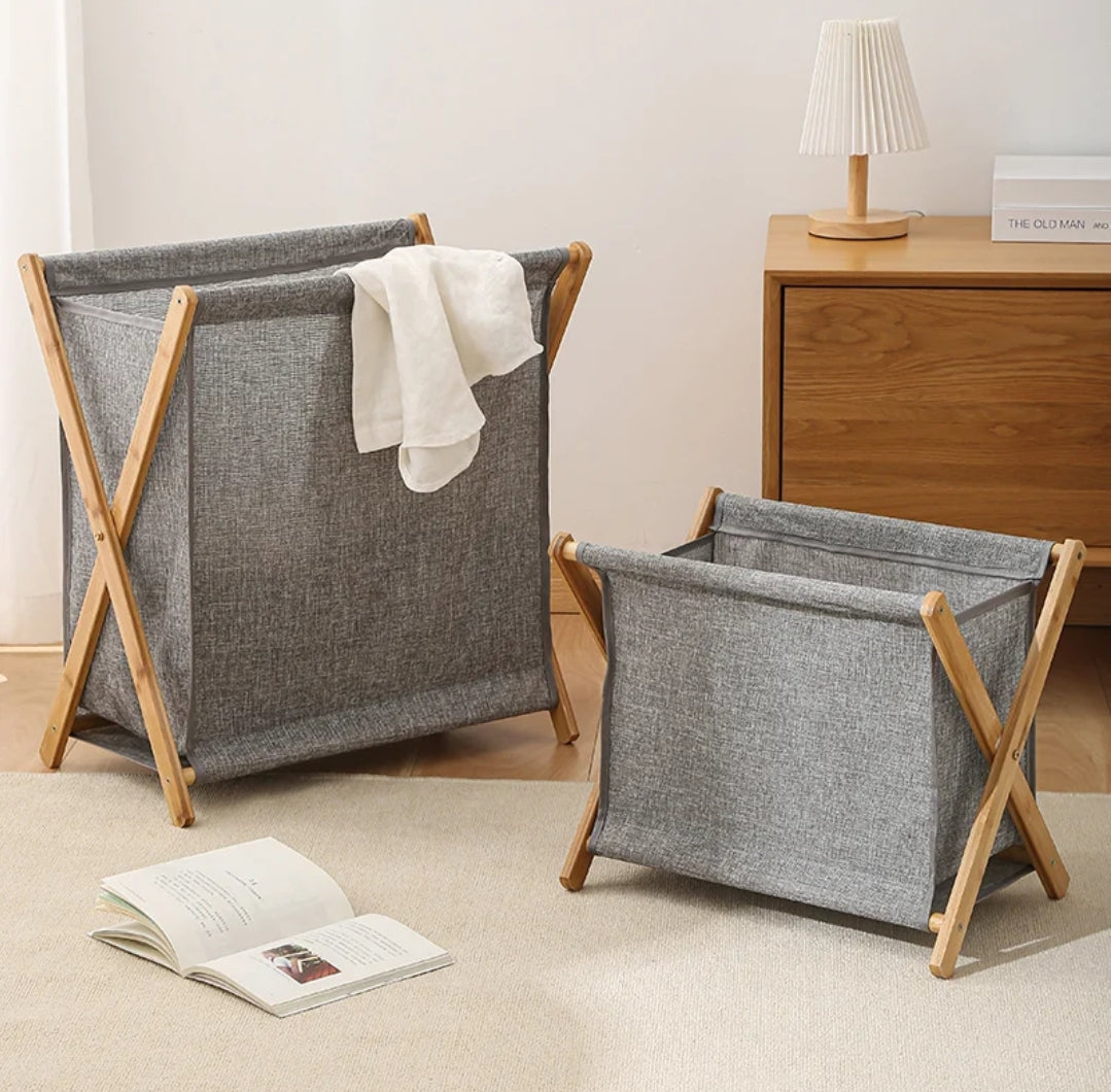 Foldable Laundry Basket with Bamboo Stand Durable Oxford Cloth Hamper for Laundry, Available in Beige and Grey