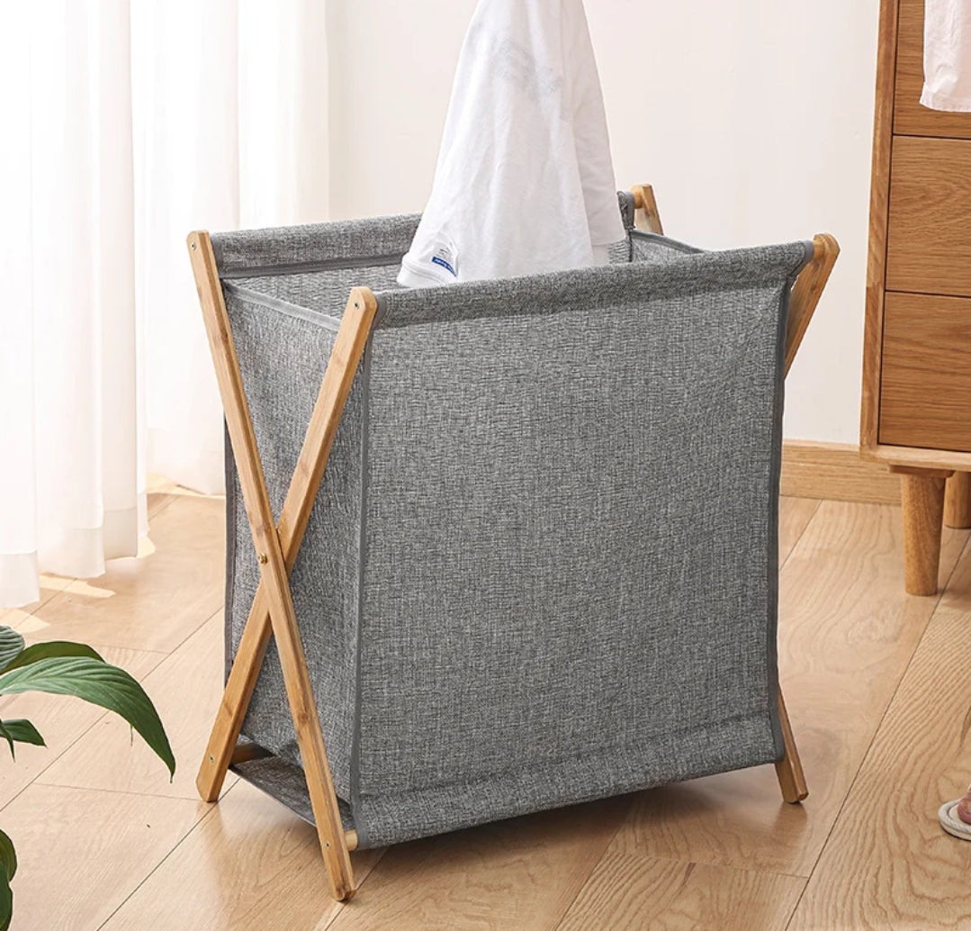 Foldable Laundry Basket with Bamboo Stand Durable Oxford Cloth Hamper for Laundry, Available in Beige and Grey