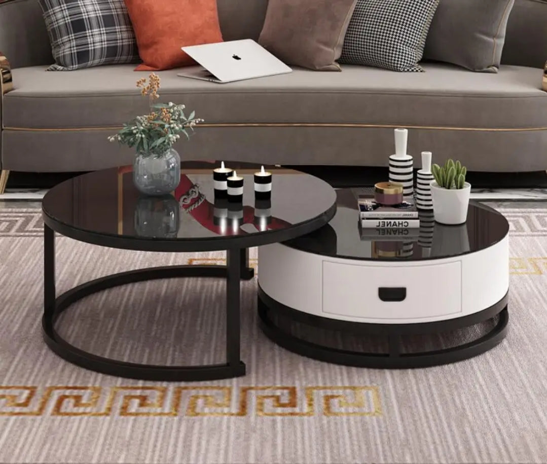 Modern Round Two Tier Side Table with Storage Drawer Sleek Black Glass Top and White Finish for Living Room or Bedroom