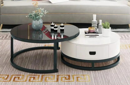 Modern Round Two Tier Side Table with Storage Drawer Sleek Black Glass Top and White Finish for Living Room or Bedroom