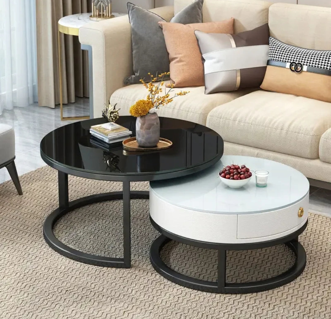 Modern Round Two Tier Side Table with Storage Drawer Sleek Black Glass Top and White Finish for Living Room or Bedroom