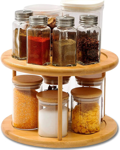 Bamboo Rotating Spice Rack 360° Rotating Organizer for Kitchen Spices and Condiments