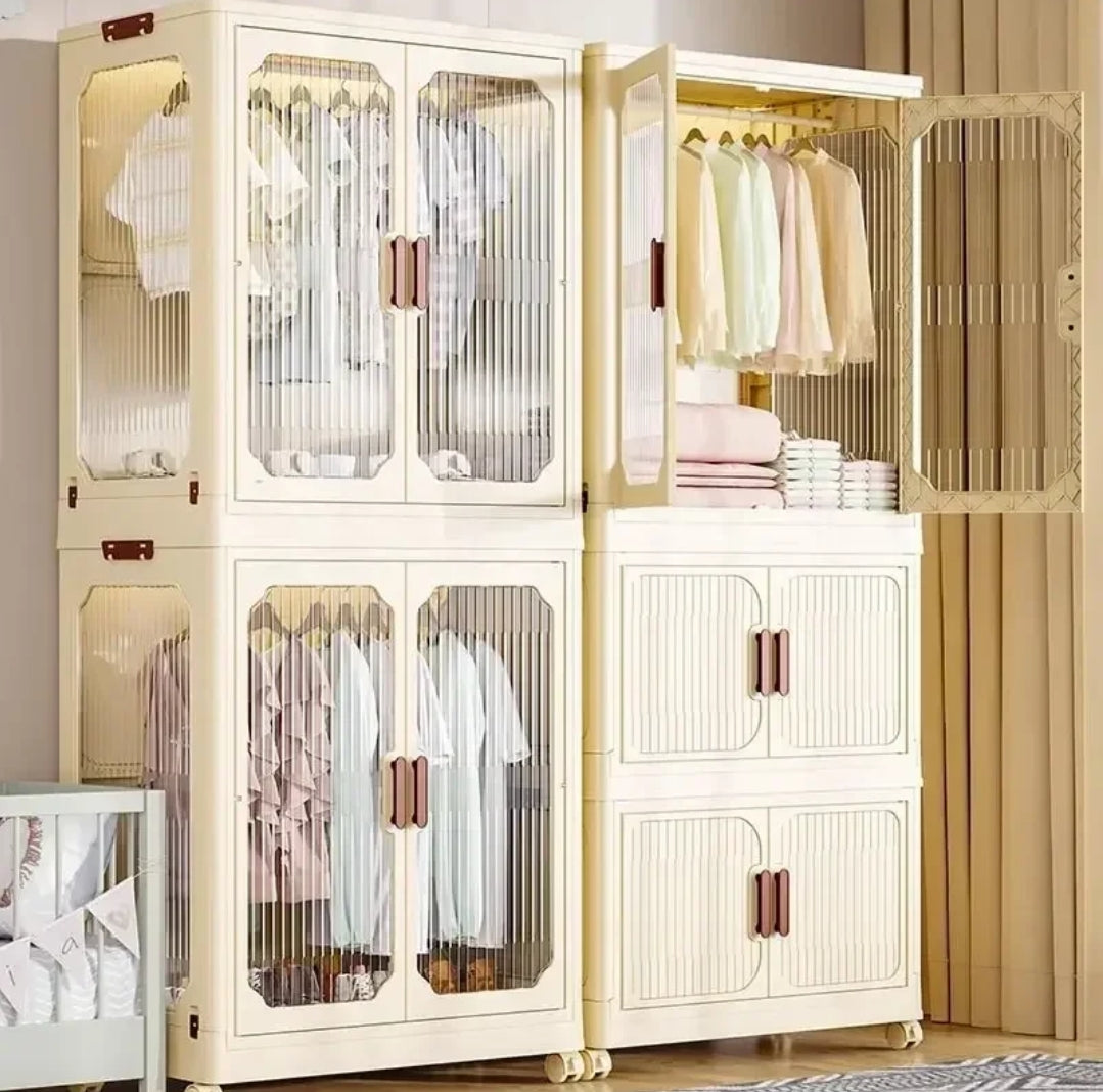 Stackable 3Level Plastic Portable Wardrobe Foldable, Installation Free Closet for Kids, Hanging Clothes Storage, White