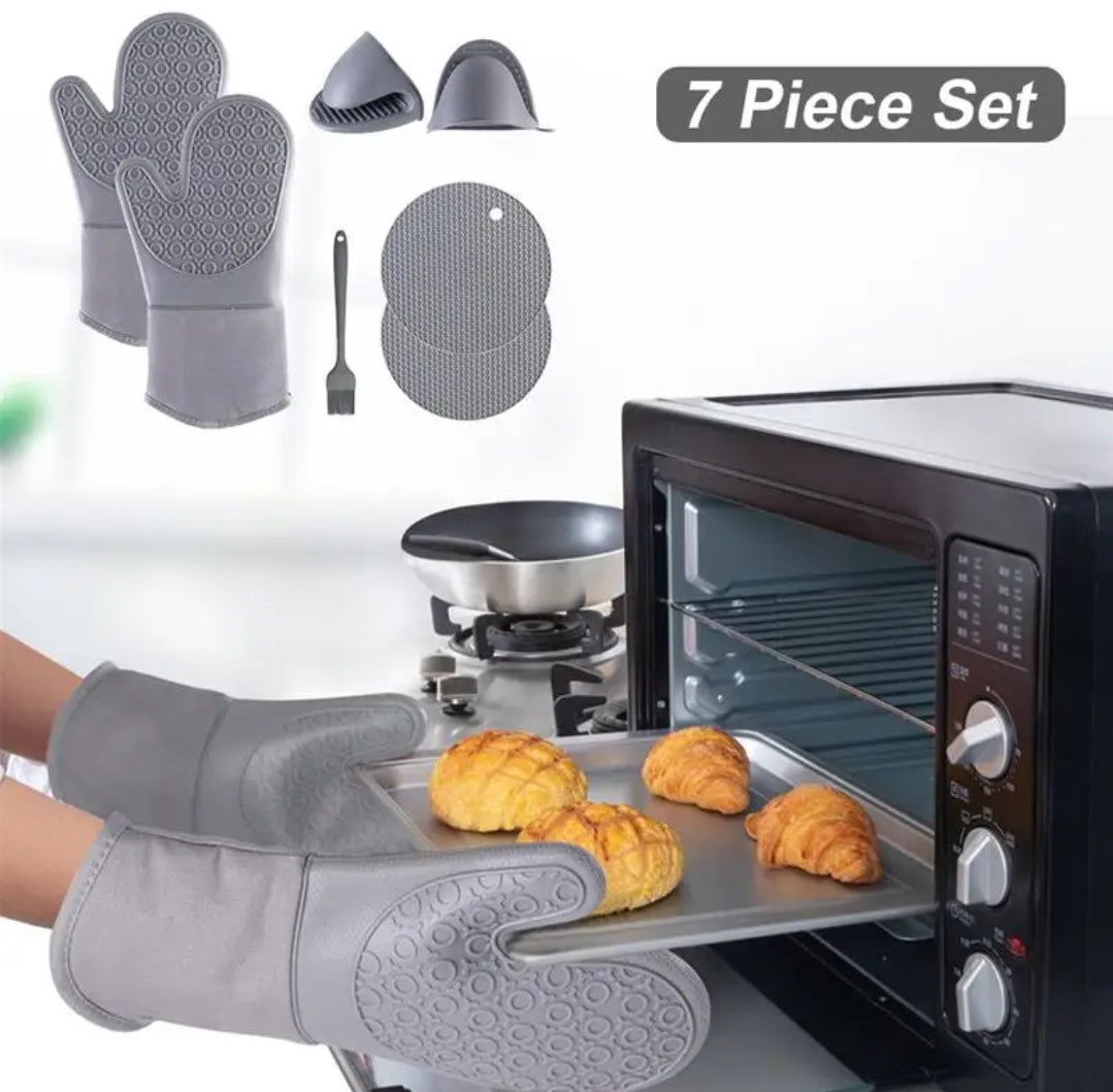 7pcs Oven Gloves Set Heat Resistant Kitchen Mitts with Pot Holders, Silicone Grips & Cooking Accessories