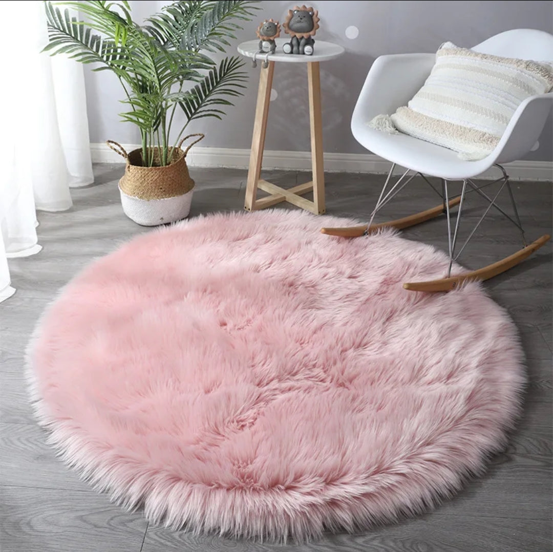 Faux Fur Soft Round Fluffy Rug Shaggy Blush Circle Carpet for Bedroom, Nursery, Kids Room, 60cm