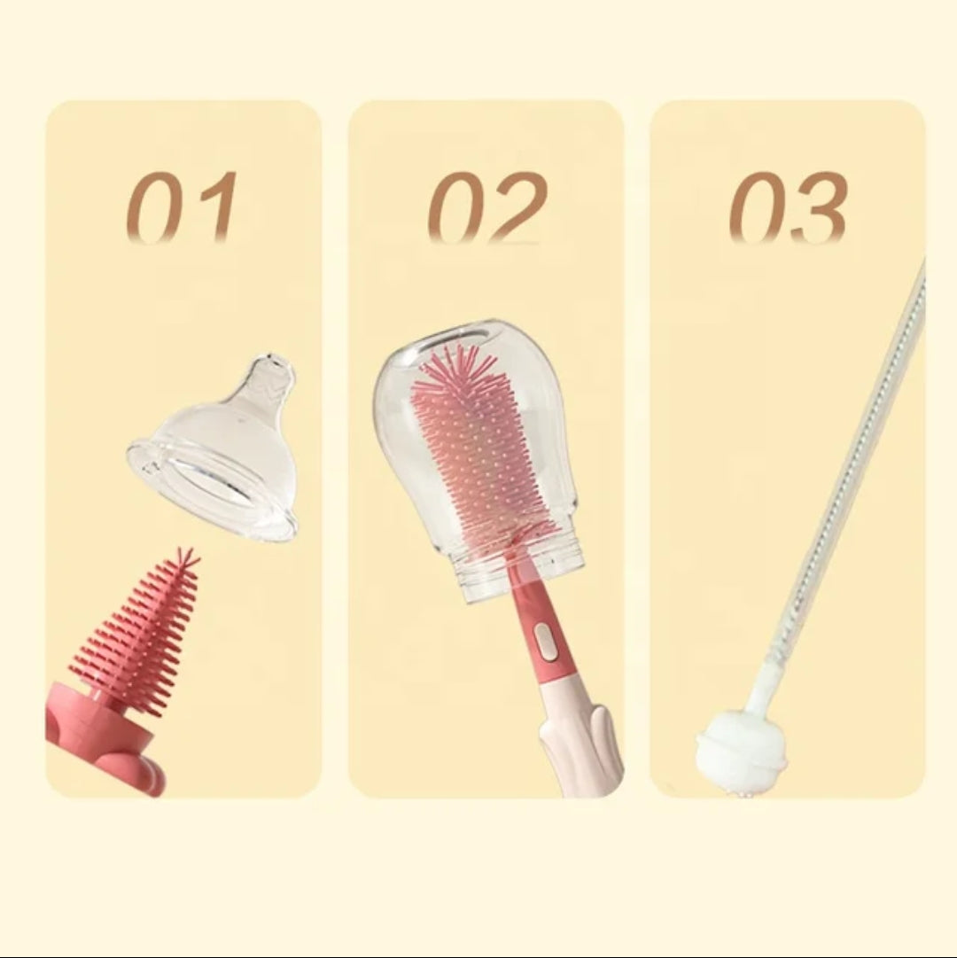 Silicone Bottle Brush Set 360° Rotating Baby Pacifier, Nipple, Cup Cleaning Brushes with Soft Head, Food Grade Material