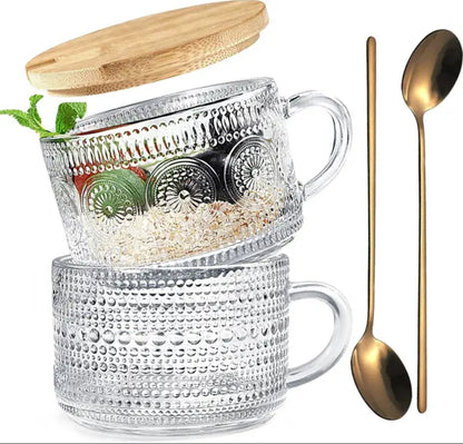 Vintage Glass Mug with Bamboo Lid and Golden Spoon 370ml Multifunctional Mug for Coffee, Cereal, and Fruits