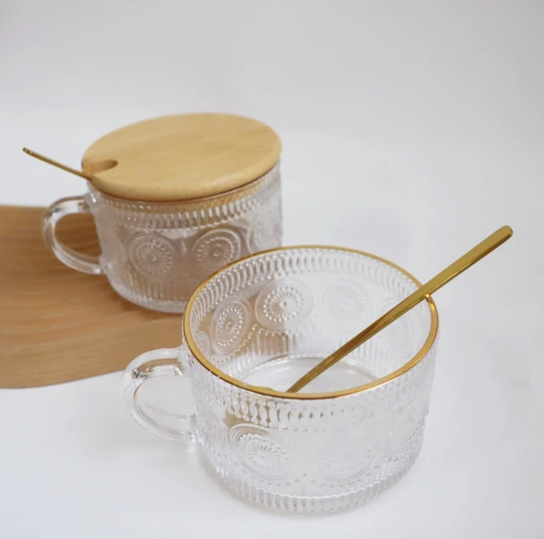 Vintage Glass Mug with Bamboo Lid and Golden Spoon 370ml Multifunctional Mug for Coffee, Cereal, and Fruits