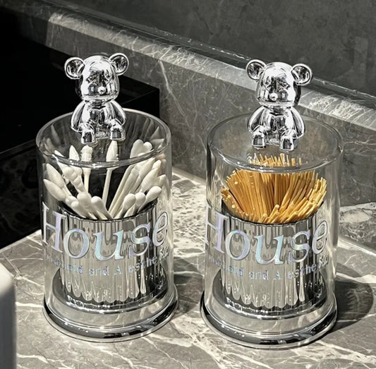 Cute Bear Toothpick & Cotton Swab Holder Creative Plastic Earbud Storage for Dinner Table Centerpiece, 7cm x 14cm