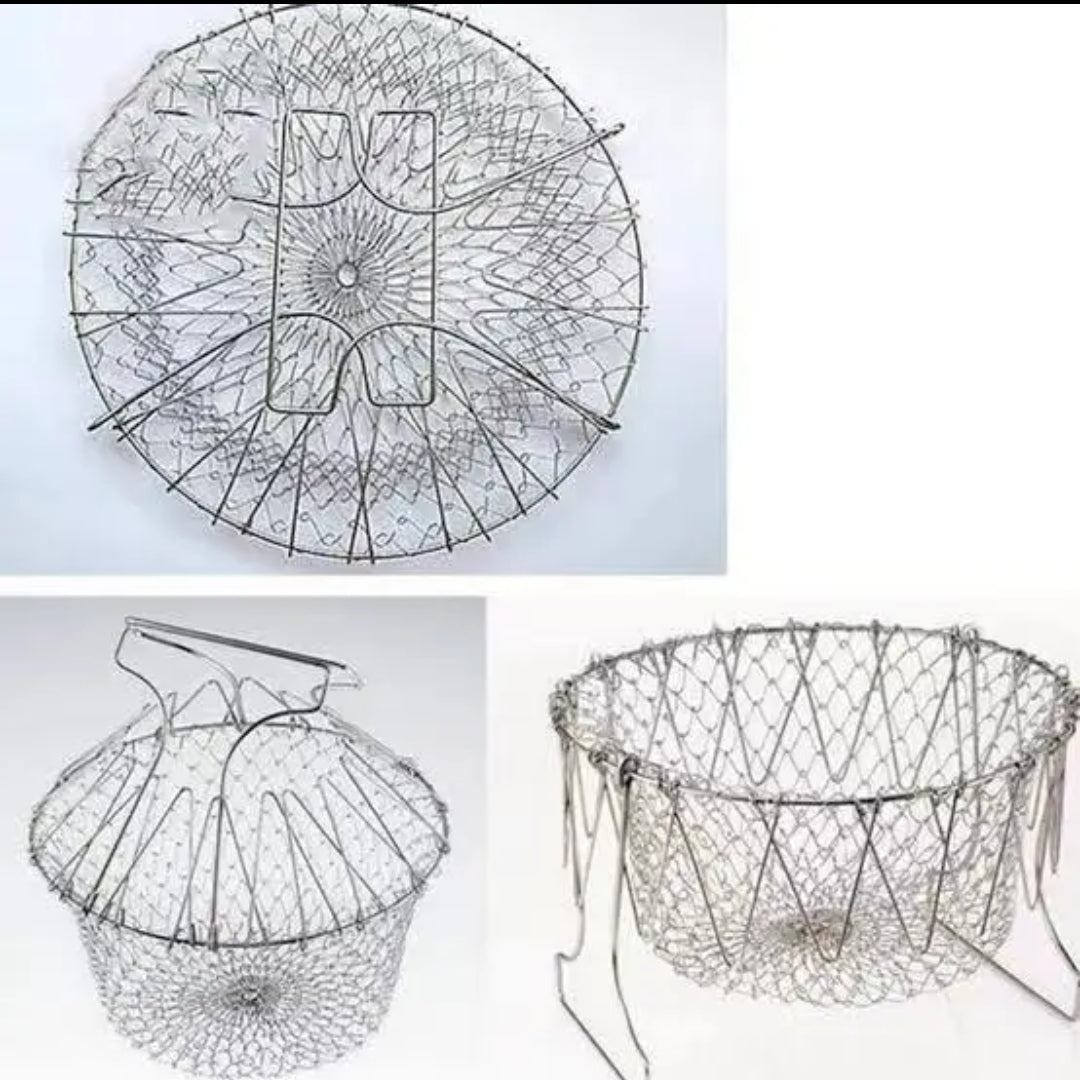 Stainless Steel Chef Basket  Foldable Cooking, Frying, and Straining Basket for Kitchen Versatility