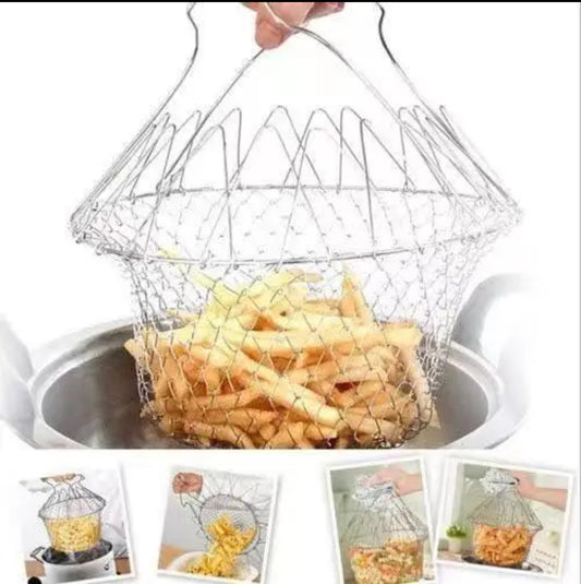 Stainless Steel Chef Basket  Foldable Cooking, Frying, and Straining Basket for Kitchen Versatility