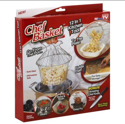 Stainless Steel Chef Basket  Foldable Cooking, Frying, and Straining Basket for Kitchen Versatility