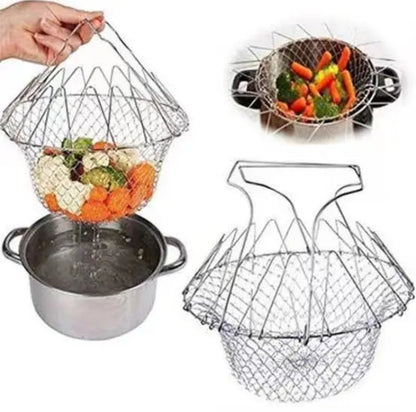 Stainless Steel Chef Basket  Foldable Cooking, Frying, and Straining Basket for Kitchen Versatility