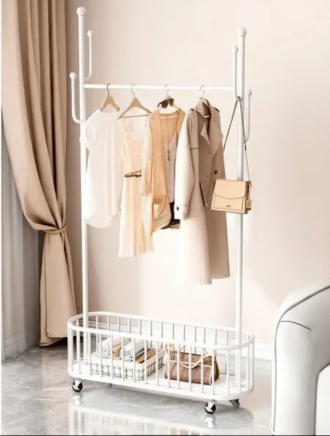 Movable Cloth Rack with Wheels High Quality Aluminum & MDF Stand, Space-Saving Design for Clothes, Bags, and Belts