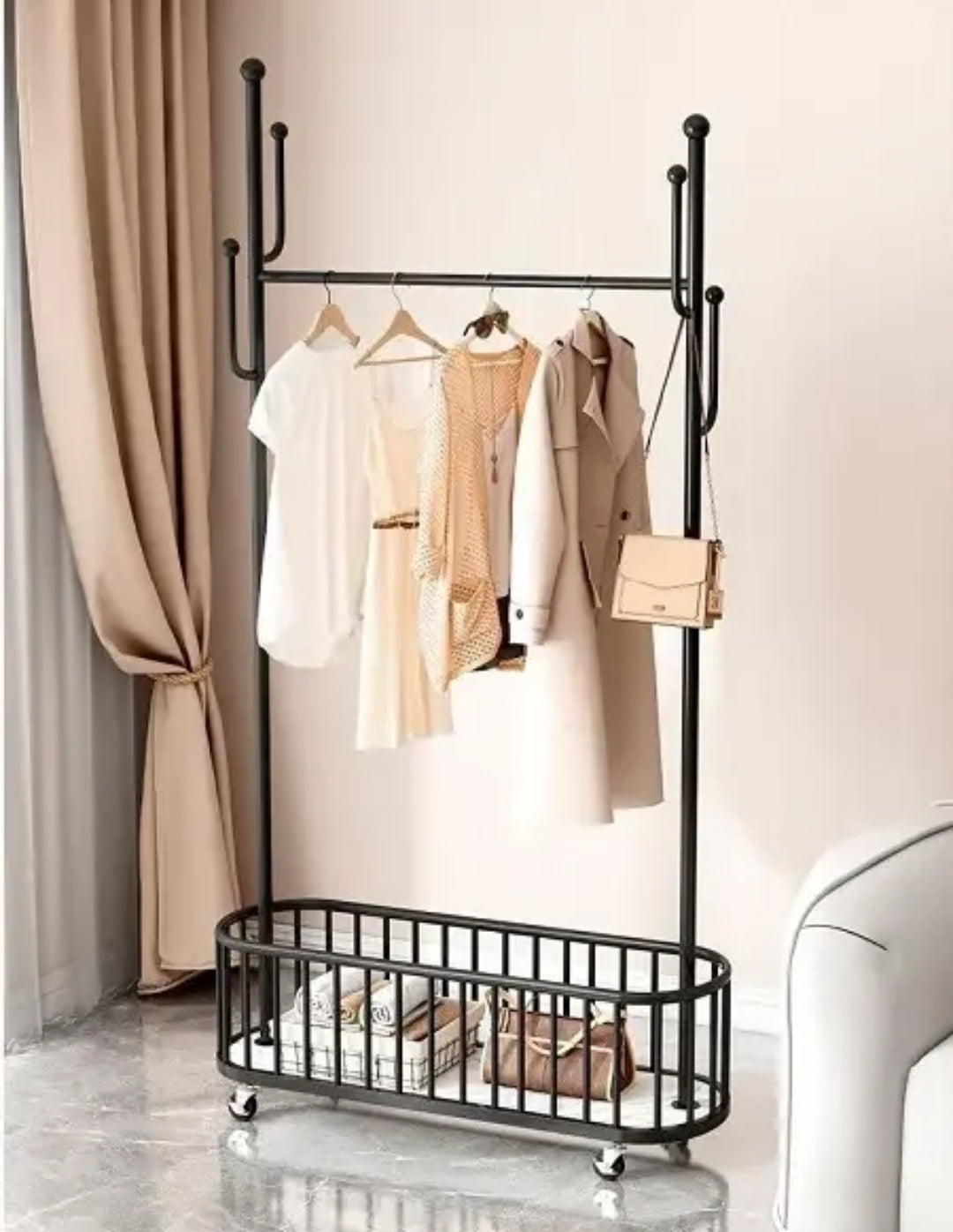 Movable Cloth Rack with Wheels High Quality Aluminum & MDF Stand, Space-Saving Design for Clothes, Bags, and Belts