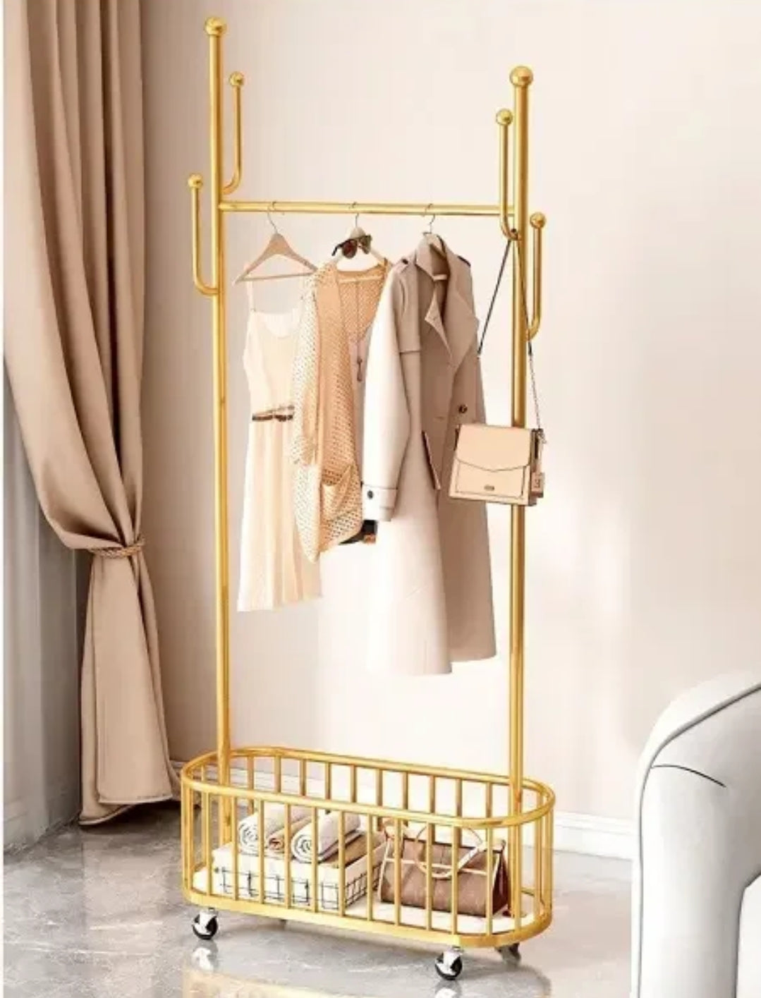 Movable Cloth Rack with Wheels High Quality Aluminum & MDF Stand, Space-Saving Design for Clothes, Bags, and Belts