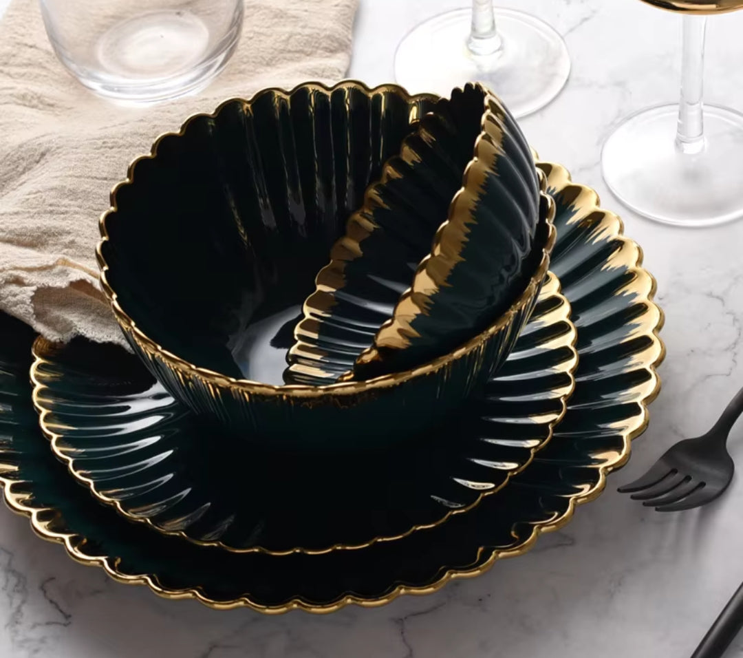 36pcs Nordic Classy Dinner Set with Gold Rim Complete Tableware Set with Plates, Bowls, Cups & Saucers