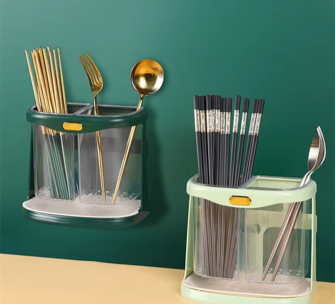 Double Grid Cutlery Organizer with Drain Hole & Detachable Tray Kitchen Utensil Holder with Drip Tray