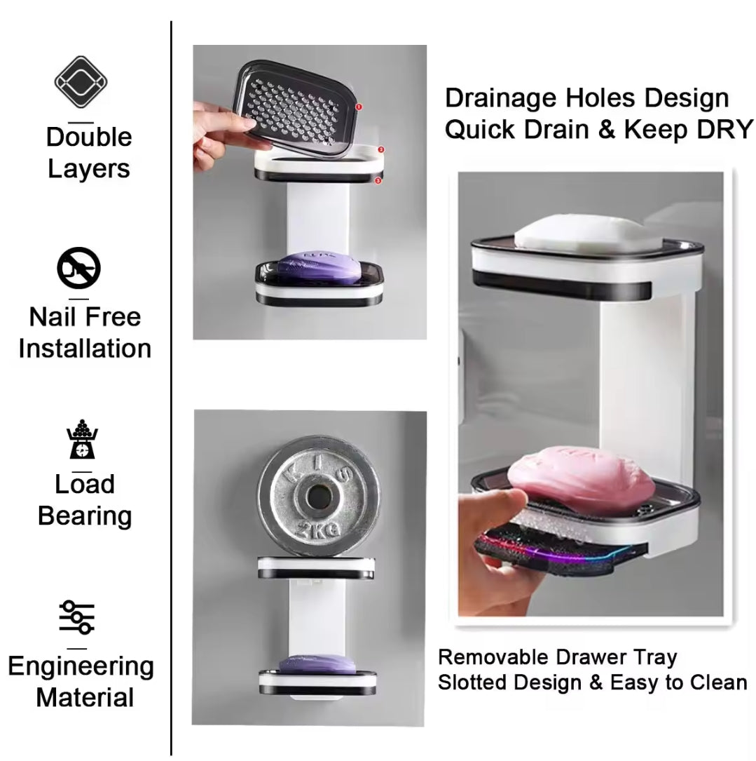 Acrylic 2 Tier Soap Dish  Punch Free, Wall Mounted or Countertop Use, Durable ABS Material