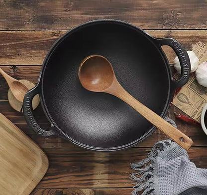 Pre Seasoned Pure Cast Iron Flat Bottom Wok with Wooden Lid | 27cm | Double Handles